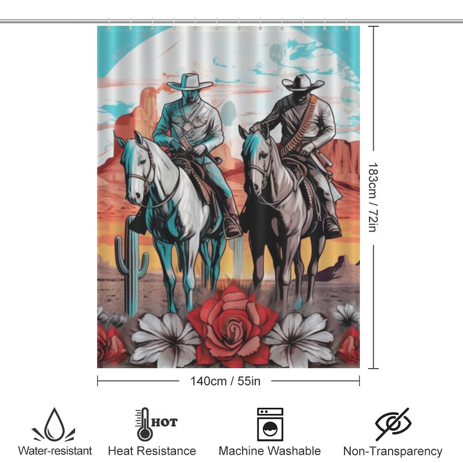 Western-themed bathroom shower curtain featuring two cowboys on horseback in a desert scene with cacti and flowers, dimensions 183cm x 140cm, and symbols indicating water resistance, heat resistance, machine washability, and non-transparency. Product Name: Cowboy Riding Horses Western Shower Curtain-Cottoncat from Brand Name: Cotton Cat