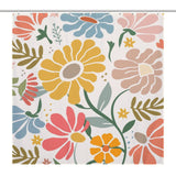 A Boho Colorful Yellow Flower Leaves Minimalist Watercolor Art Painting Floral Shower Curtain-Cottoncat by Cotton Cat showcasing yellow, pink, blue, green, and red flowers and leaves on a white background brings a vibrant touch to your bathroom.