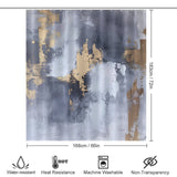 A Grey and Gold Watercolor Abstract Modern Art White Silver Strokes Shower Curtain-Cottoncat, measuring 168 cm by 183 cm, is featured. Icons indicate that this modern shower curtain made of waterproof polyester fabric is water-resistant, heat-resistant, machine washable, and non-transparent.
