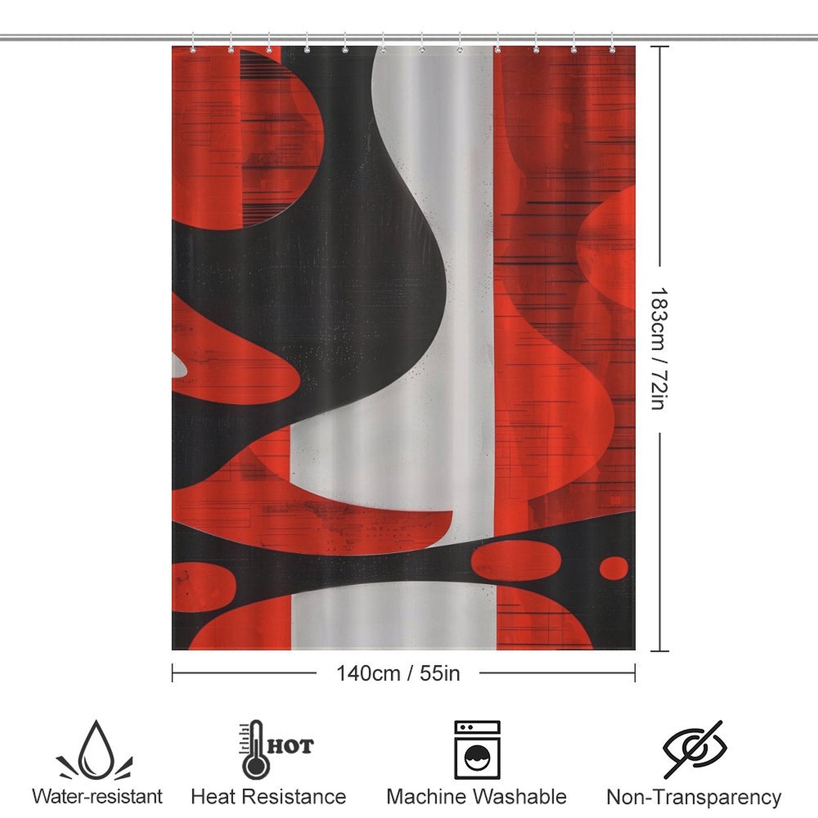 This Mid Century Modern Geometric Art Minimalist Grey Red and Black Abstract Shower Curtain-Cottoncat, featuring an abstract geometric art design in red, black, and white, measures 183 cm by 140 cm. It offers water resistance, heat resistance, and non-transparency while being machine washable for easy care. Perfect for a touch of mid-century modern style.