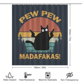 This humorous bathroom decor features the Funny Black Crazy Cat with Gun Shower Curtain-Cottoncat by Cotton Cat with a funny black crazy cat holding guns and the text "PEW PEW MADAFKAS!" against a retro sunset background. Icons below indicate water-resistance, heat resistance, machine washability, and non-transparency.