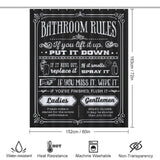 A Cotton Cat Funny Quotes Shower Curtain Black and White Fable Motto displaying various bathroom rules in a humorous fashion, measuring 183 cm by 152 cm. Icons at the bottom ensure it's waterproof, mildew-resistant, heat-resistant, machine washable, and non-transparent. Perfect for adding a touch of fun to your bathroom decor!