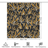 Shower curtain featuring a stunning Mid Century Leaf pattern in mustard yellow on a black background. Dimensions: 183 cm x 168 cm (72 in x 66 in). This water-resistant, heat-resistant, and machine washable **Abstract Vintage Boho Yellow Leaves Art Mid Century Leaf Shower Curtain-Cottoncat** by **Cotton Cat** is non-transparent and adds a touch of vintage boho charm to any bathroom.