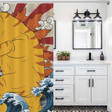 A white bathroom with a black-and-white geometric floor, white vanity and sink, mirrored cabinet with black lights, and a Funny Wave Monster Cat Shower Curtain-Cottoncat by Cotton Cat featuring a cartoon design of a sun and waves.