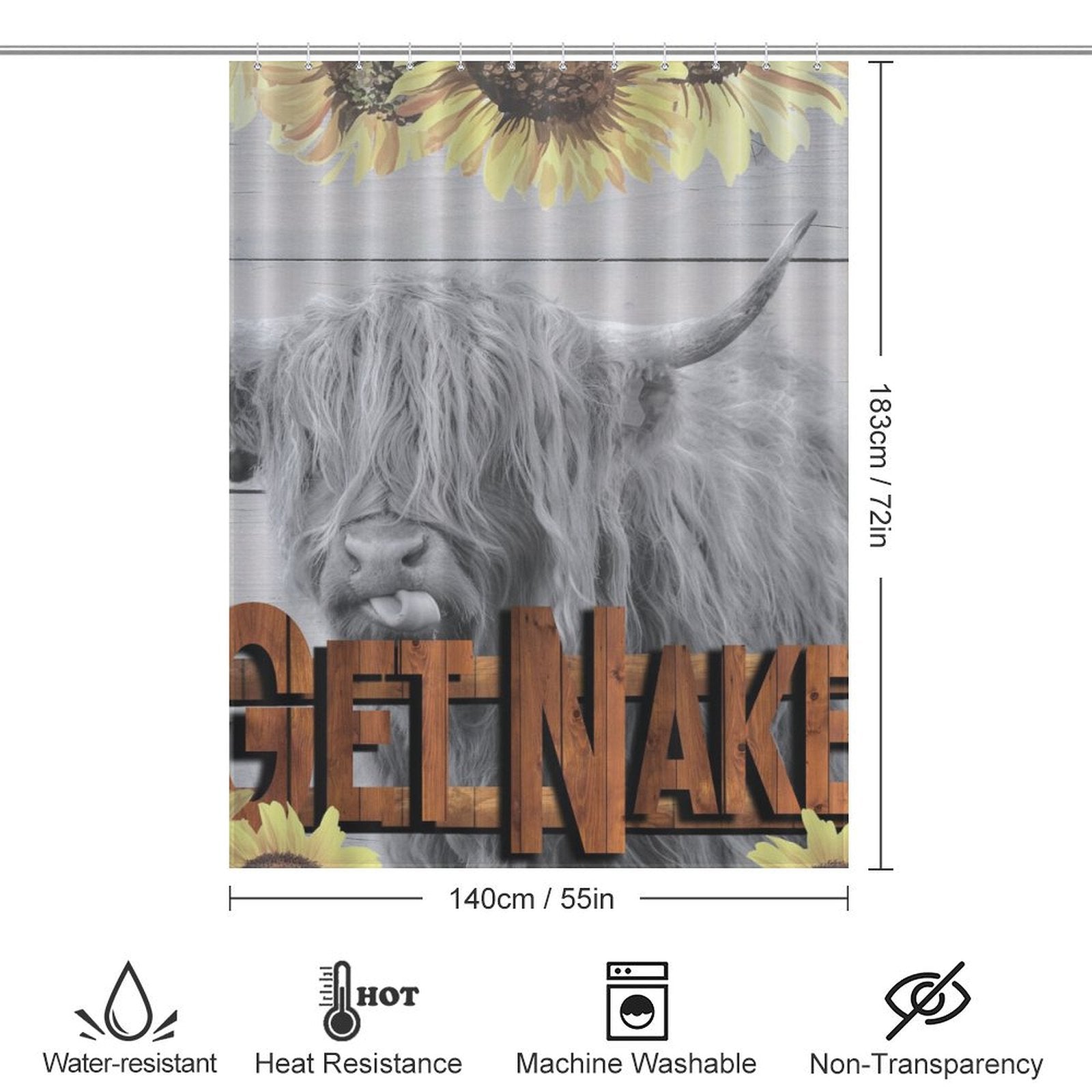 A rustic bathroom decor piece, this Highland Cow Sunflowers Get Naked Shower Curtain-Cottoncat by Cotton Cat showcases a highland cow and wooden letters spelling "GET NAKED." Measuring 183 cm by 140 cm, it is water-resistant, heat-resistant, and machine washable.