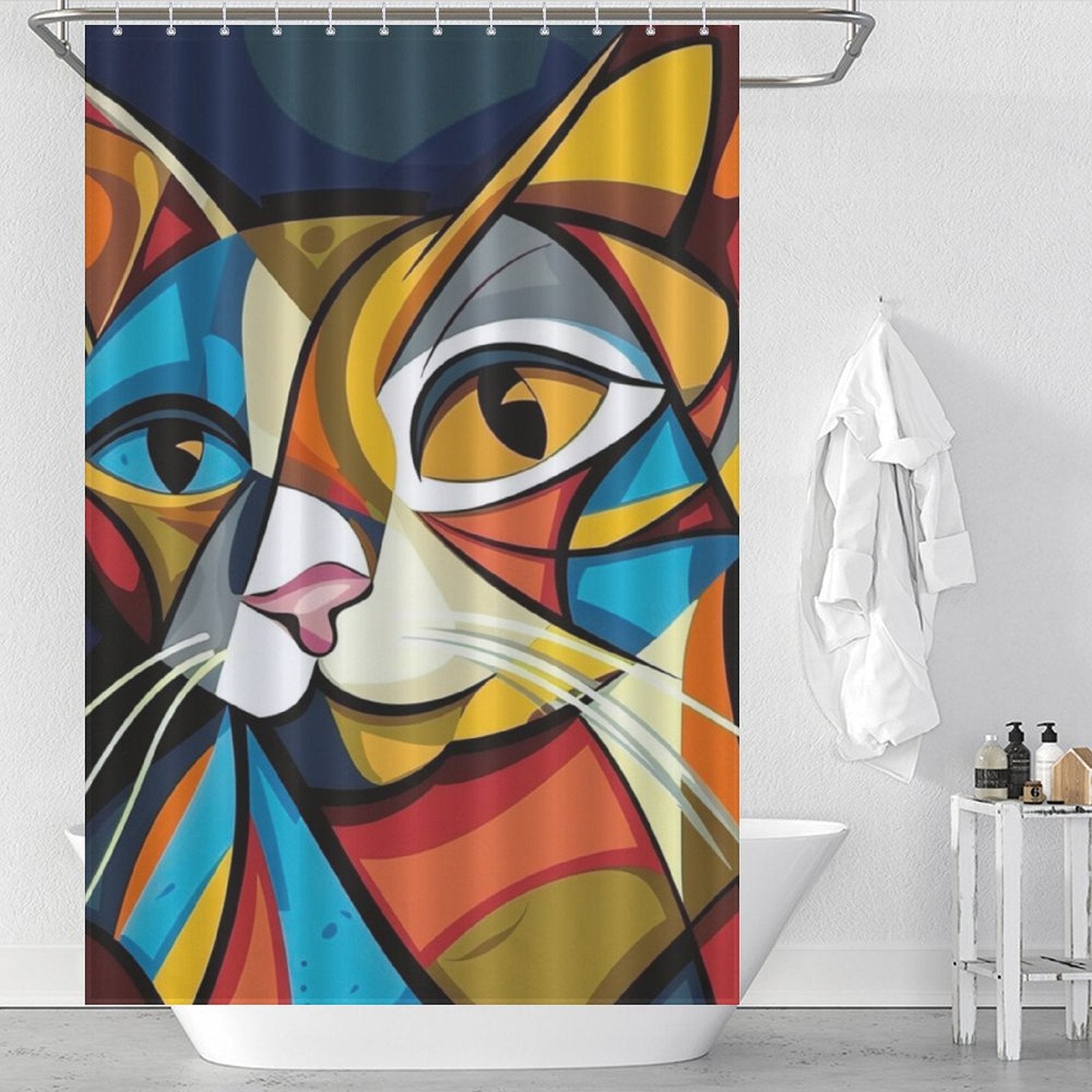 A bathroom with a Cotton Cat Abstract Geometric Vintage Colorful Modern Art Minimalist Mid Century Cat Shower Curtain-Cottoncat and white towels hanging on the wall adjacent to a white bathtub. Toiletries are placed near the bathtub.
