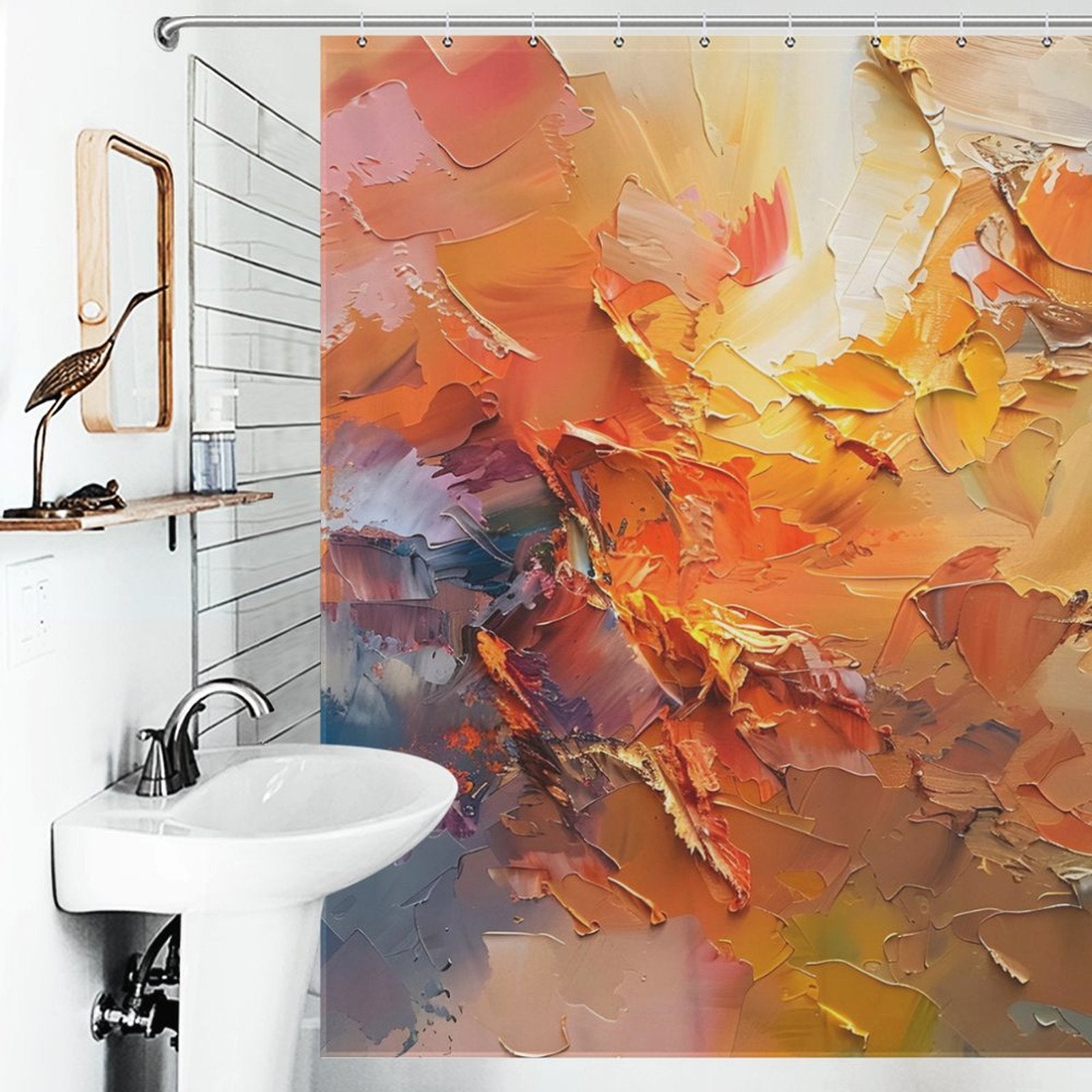 A bathroom with a white sink and modern faucet, a rectangular mirror mounted on a wooden shelf, and a colorful Cotton Cat Burnt Orange Abstract Oil Painting Modern Art Yellow Blue Brushstrokes Shower Curtain-Cottoncat that is waterproof and mildew-resistant.