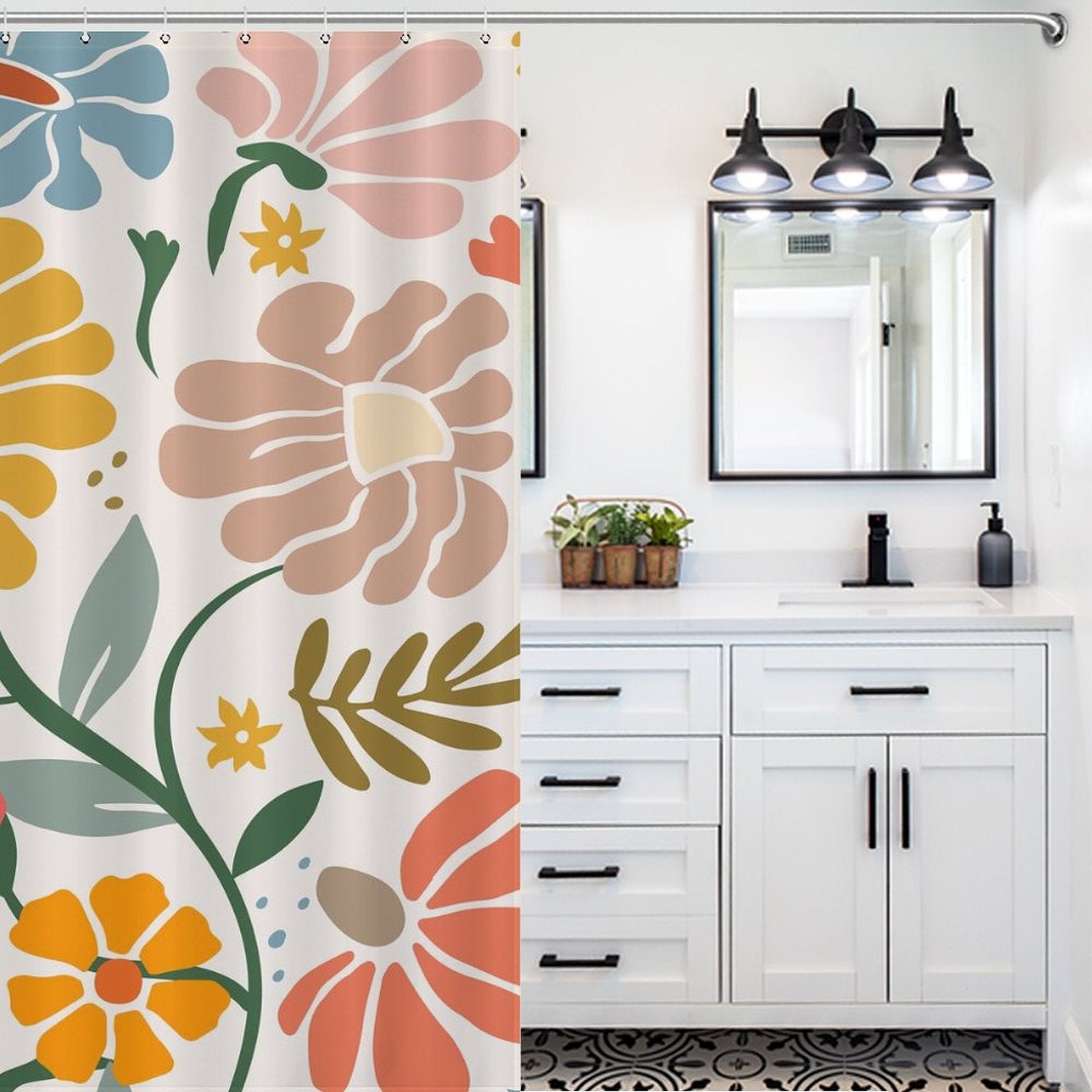 A white bathroom featuring a vanity with a black-framed mirror and three light fixtures. The Cotton Cat Boho Colorful Yellow Flower Leaves Minimalist Watercolor Art Painting Floral Shower Curtain-Cottoncat displays a colorful array of large flowers and leaves, adding a touch of vibrant bathroom decor amidst the minimalist setting.