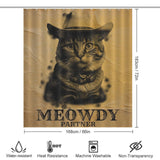 The Cotton Cat Funny Cowboy Cool Meowdy Partner Cat Shower Curtain-Cottoncat features a cat wearing a cowboy hat and the text "MEOWDY PARTNER" printed below. Icons indicate it is water-resistant, heat-resistant, machine washable, and non-transparent.
