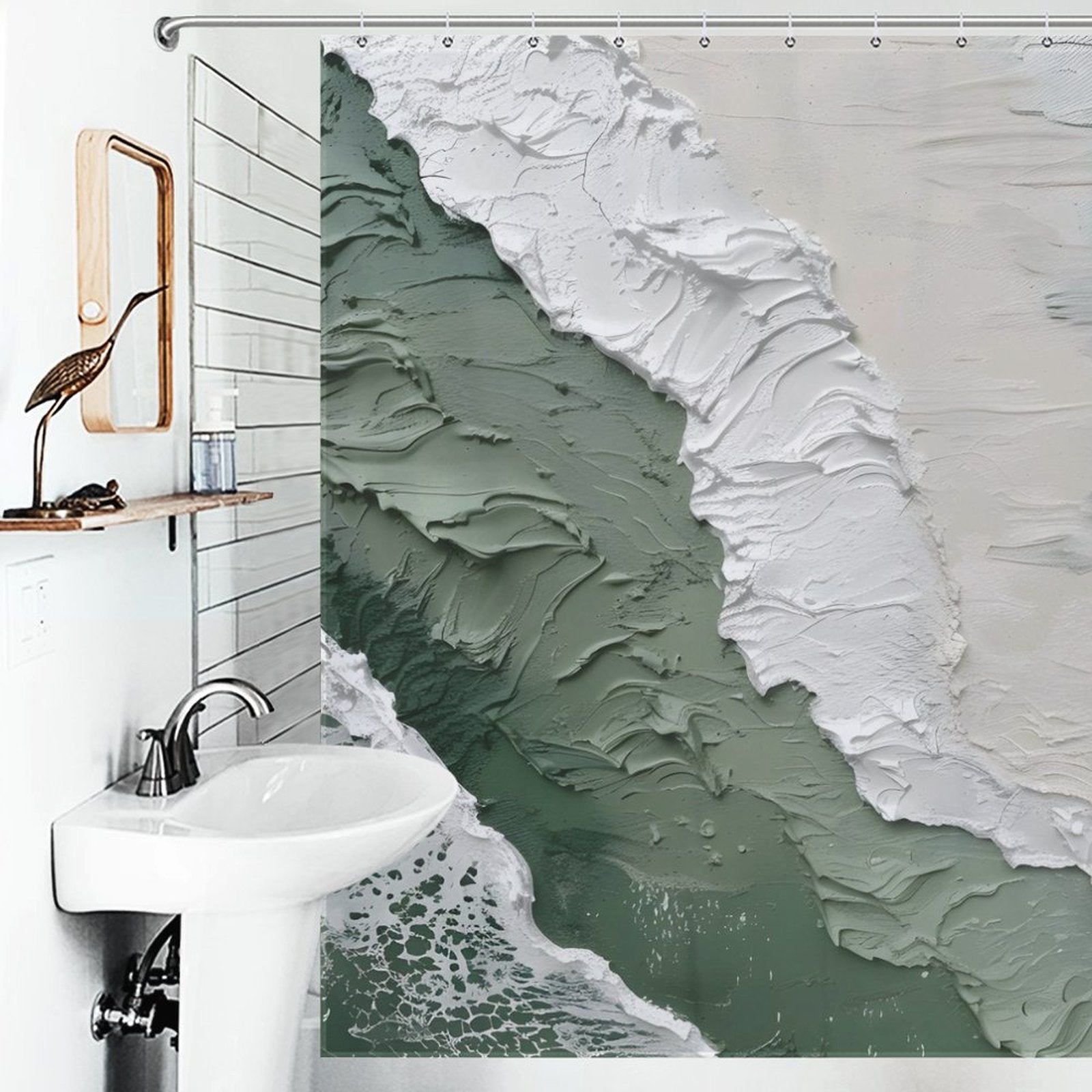 Bathroom with a sink and a wall mirror next to a Coastal Oil Painting Ocean Sea Green Waves Minimalist Shower Curtain Abstract Beach Shower Curtain-Cottoncat featuring a textured design of white and green abstract waves by Cotton Cat.