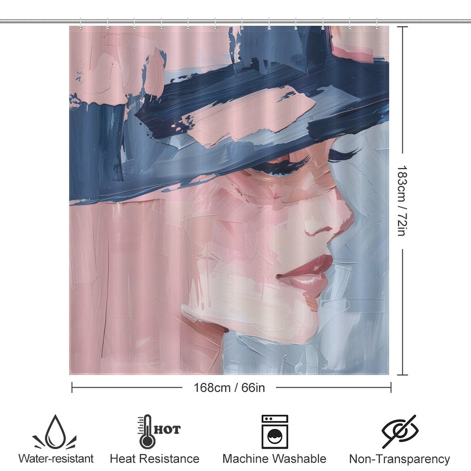 A Mid Century Women Face Abstract Aesthetic Oil Painting Modern Art Blush Pink Navy Blue Cream Shower Curtain-Cottoncat featuring an abstract aesthetic oil painting of a woman's face wearing a hat. Dimensions: 183cm x 168cm. The blush pink, navy blue, and cream design is water-resistant, heat-resistant, machine washable, and non-transparent by Cotton Cat.
