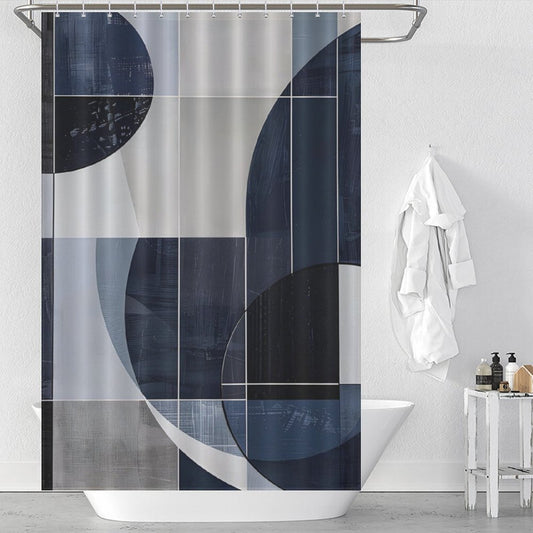 A modern bathroom featuring a white bathtub, Geometric Deep Blue Abstract Art Mid-Century Modern Style Shower Curtain-Cottoncat, wall-mounted towel, and toiletries on a small shelf.