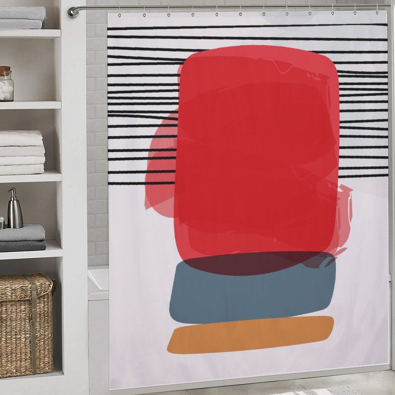 A Cotton Cat Modern Geometric Art Minimalist Simple Red Blue Orange Abstract Shower Curtain-Cottoncat showcases a large red shape, blue and orange shapes underneath, and black horizontal lines at the top. This striking piece of red-blue-orange decor hangs in a bathroom adorned with shelves and baskets.
