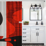 Bathroom featuring a white vanity with black fixtures, a large mirror, potted plants, and a three-light fixture above. A striking **Mid Century Modern Geometric Art Minimalist Grey Red and Black Abstract Shower Curtain-Cottoncat** by **Cotton Cat** is visible on the left side.