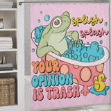 A frog in a bathtub with bubbles and a rubber duck, accompanied by the text "Splish Splash Your Opinion Is Trash" on a Funny Humor Sarcastic Froggy Shower Curtain-Cottoncat by Cotton Cat hanging in a bathroom.
