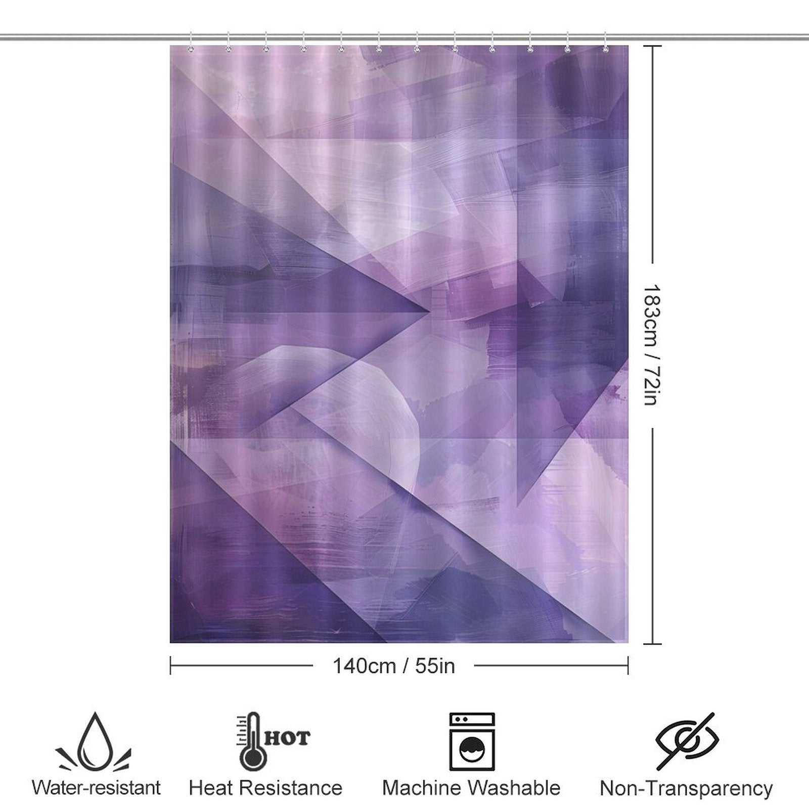 A **Purple Abstract Modern Boho Geometric Art Minimalist Shower Curtain-Cottoncat** measuring 183 cm by 140 cm, perfect for adding a touch of minimalist bathroom decor. Its features include water resistance, heat resistance, machine washability, and non-transparency.
