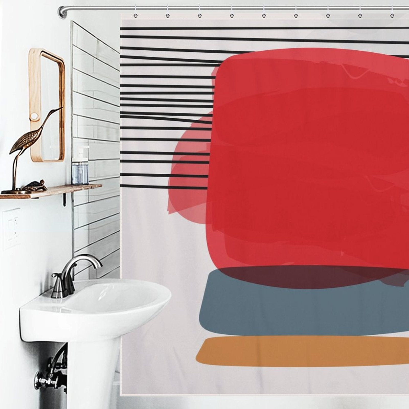 A bathroom with a white sink, a mirror, and a Modern Geometric Art Minimalist Simple Red Blue Orange Abstract Shower Curtain-Cottoncat by Cotton Cat featuring abstract shapes in red, blue, and yellow, with black horizontal lines.