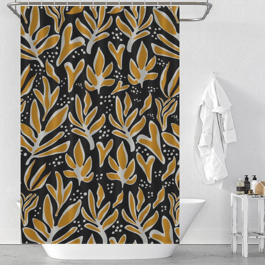 An Abstract Vintage Boho Yellow Leaves Art Mid Century Leaf Shower Curtain-Cottoncat by Cotton Cat hangs in a bathroom. A white robe is on a hook next to the bathtub, and toiletries are arranged on a small shelf.