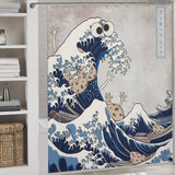 This Funny Wave Monster Eating Cookies Shower Curtain-Cottoncat, perfect for any bathroom decor, features a whimsical design of Hokusai's "The Great Wave" with added cartoon eyes and hands, depicting the wave as a funny wave monster enjoying some cookies by Cotton Cat.
