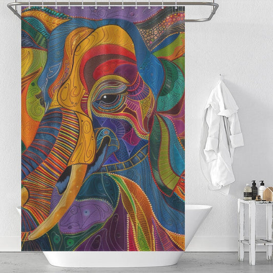 A Cotton Cat Colorful Abstract Elephant Shower Curtain-Cottoncat with vivid colors hangs in a white bathroom, featuring an abstract design that breathes life into the space. Nearby, a bathtub and a white bathrobe on a hook complete the serene setting.