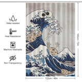Shower curtain featuring a Funny Wave Monster Eating Cookies Shower Curtain-Cottoncat with eyes and arms. Dimensions: 183 cm by 122 cm. Made from waterproof fabric, this whimsical bathroom decor is heat-resistant, machine washable, and non-transparent. Brand Name: Cotton Cat