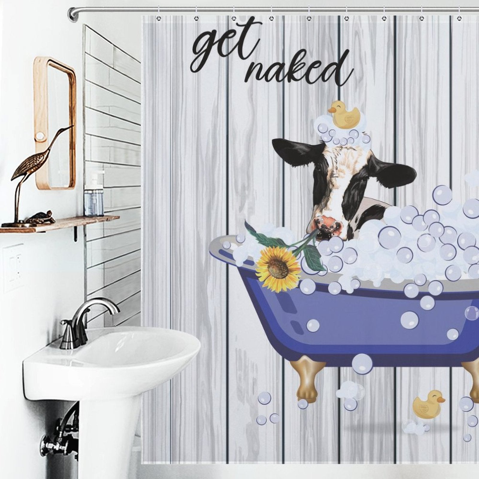 Funny Cow Sunflowers Get Naked Shower Curtain-Cottoncat with a cow sitting in a bathtub filled with bubbles, holding a sunflower. The words "get naked" are printed at the top.