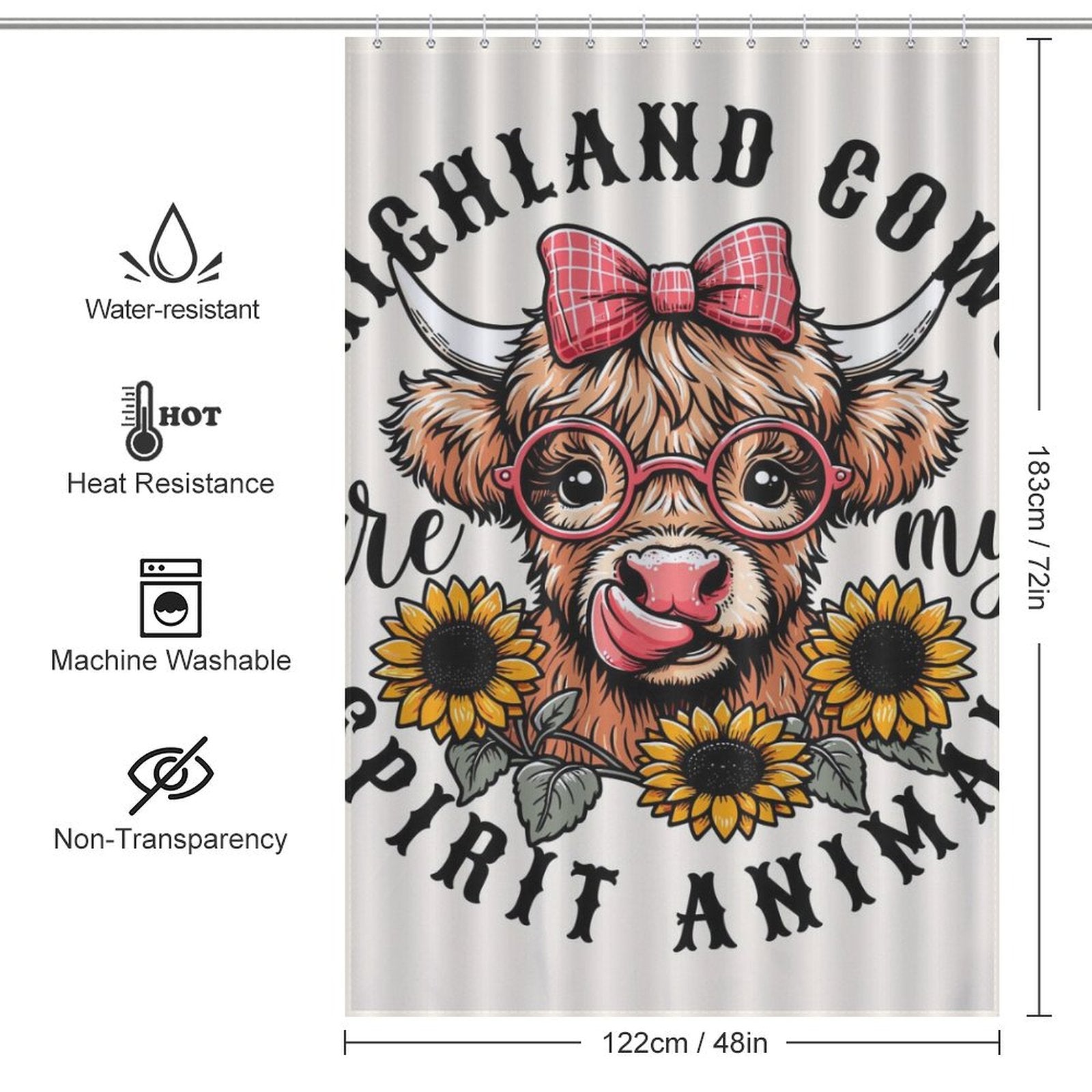 This image shows a cute cartoon of a highland cow with glasses and a bow on the **Cute Sunflower Glasses Highland Cow Shower Curtain-Cottoncat** by **Cotton Cat**, surrounded by sunflowers. Text around the cow reads "Highland cow is my spirit animal". Perfect for whimsical bathroom decor, dimensions, and features are listed.