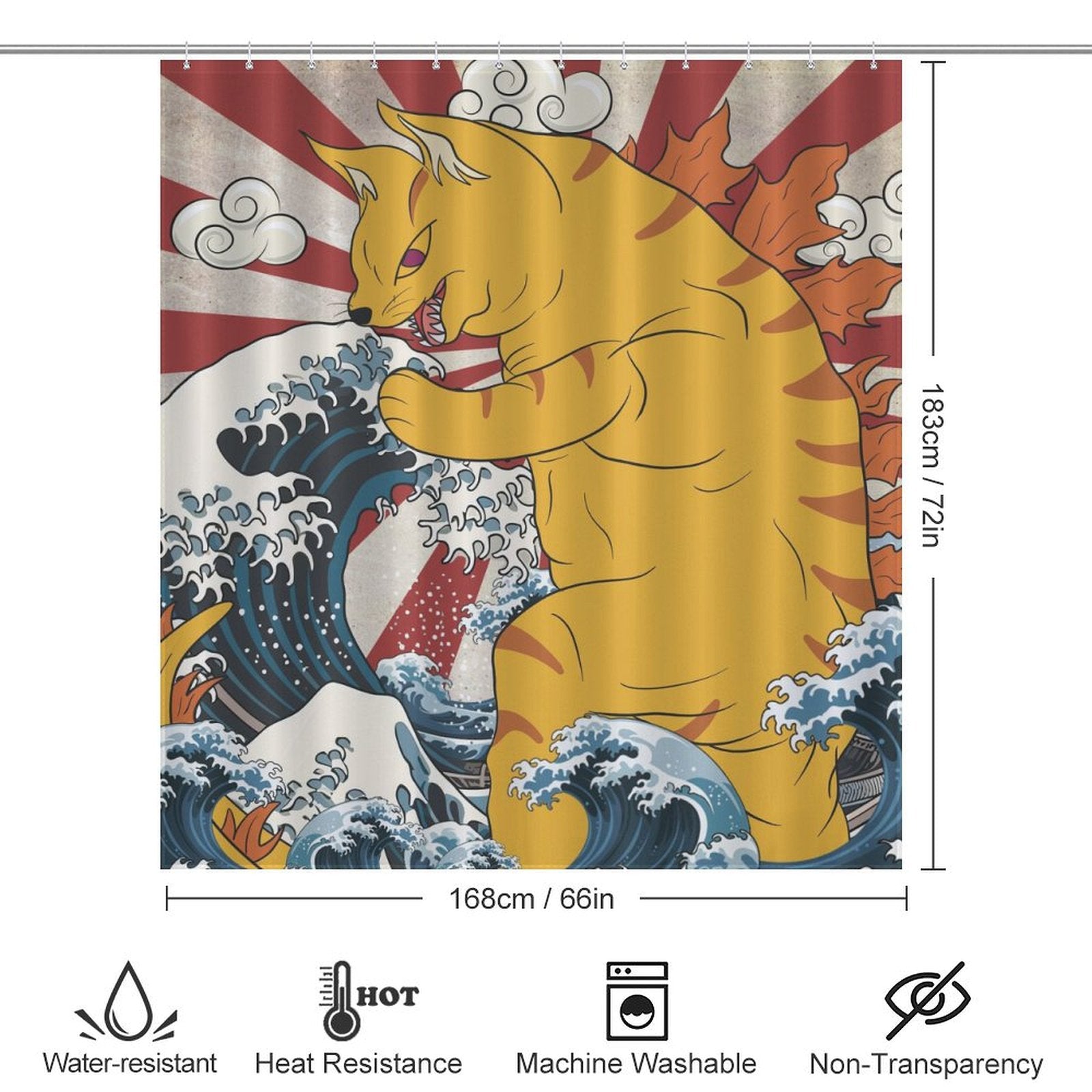 Illustration of a large, orange striped cat in a Japanese art style, appearing to battle ocean waves. The Funny Wave Monster Cat Shower Curtain-Cottoncat by Cotton Cat is 183 cm tall and 168 cm wide with icons indicating it is water-resistant, heat-resistant, machine washable, and not transparent—perfect bathroom decor with a unique design.