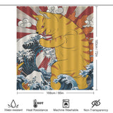 Illustration of a large, orange striped cat in a Japanese art style, appearing to battle ocean waves. The Funny Wave Monster Cat Shower Curtain-Cottoncat by Cotton Cat is 183 cm tall and 168 cm wide with icons indicating it is water-resistant, heat-resistant, machine washable, and not transparent—perfect bathroom decor with a unique design.