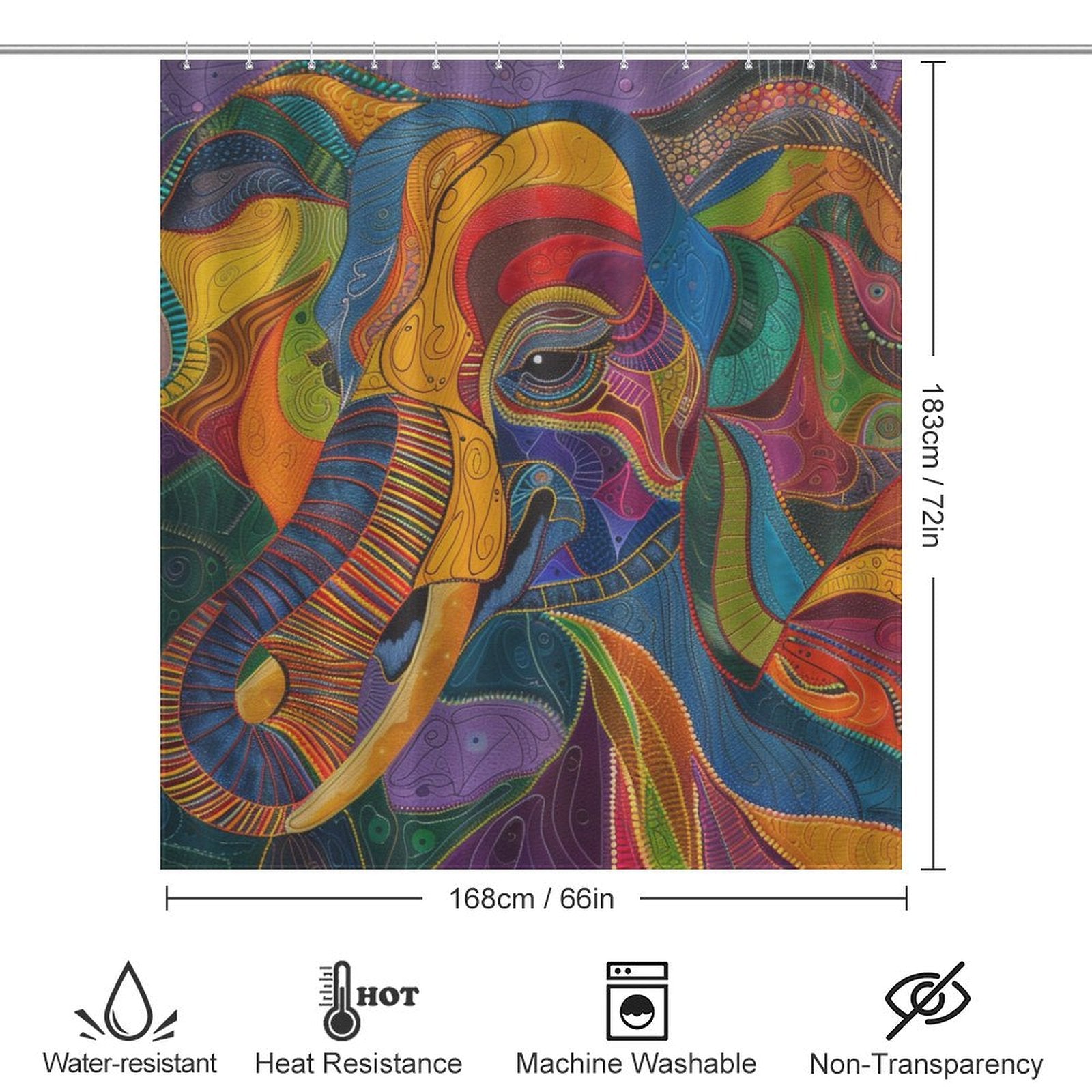 Introducing the Colorful Abstract Elephant Shower Curtain-Cottoncat by Cotton Cat, measuring 183cm x 168cm (72in x 66in). Showcasing vivid colors and an abstract design, this shower curtain features water-resistant, heat-resistant, machine-washable, and non-transparency properties with icons below the image.