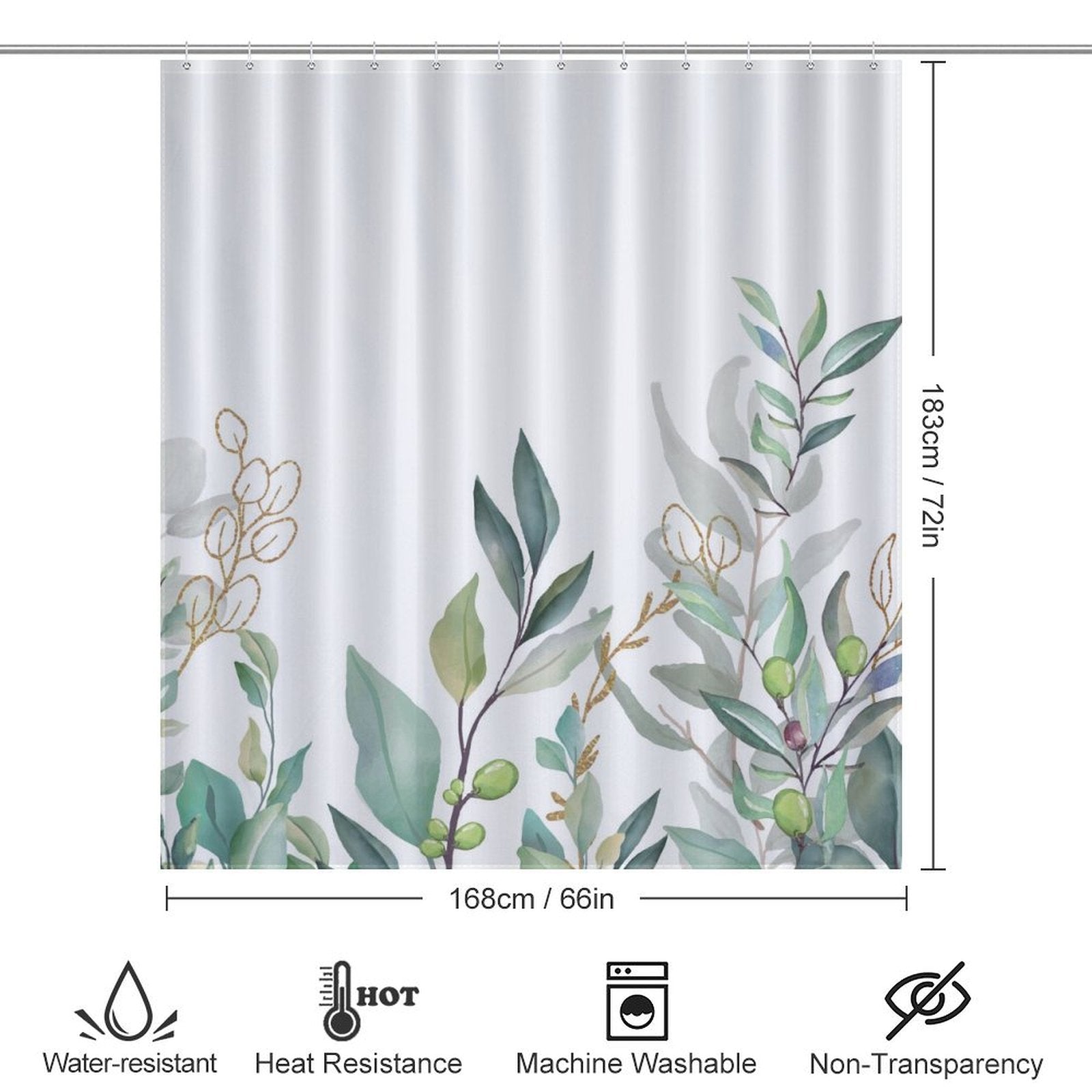 A Cotton Cat Watercolor Sage Green Eucalyptus Botanical Leaves Shower Curtain-Cottoncat featuring a delightful pattern of watercolor sage green eucalyptus leaves. The dimensions are 183 cm by 168 cm. It is water-resistant, heat-resistant, machine washable, and non-transparent.