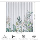 A Cotton Cat Watercolor Sage Green Eucalyptus Botanical Leaves Shower Curtain-Cottoncat featuring a delightful pattern of watercolor sage green eucalyptus leaves. The dimensions are 183 cm by 168 cm. It is water-resistant, heat-resistant, machine washable, and non-transparent.