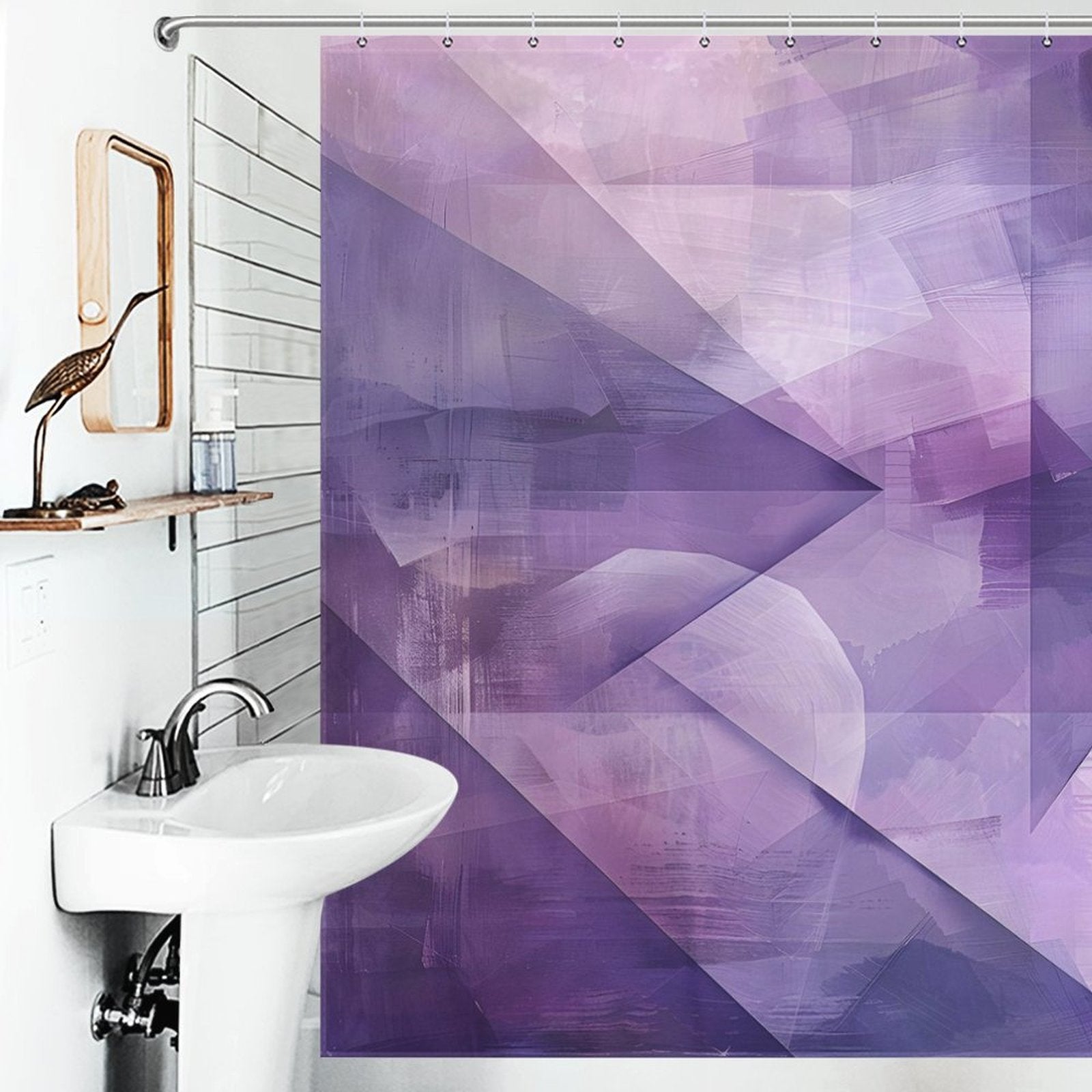 A modern bathroom features a white sink, a shelf with a decorative bird sculpture, and a minimalist bathroom decor highlighted by a Purple Abstract Modern Boho Geometric Art Minimalist Shower Curtain-Cottoncat from Cotton Cat.