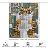 The Funny Cool Tiger Reading Shower Curtain-Cottoncat from Cotton Cat features a cartoon tiger sitting on a toilet reading a newspaper. Measuring 152 cm x 183 cm, this bathroom decor piece is made of waterproof fabric, heat-resistant, machine washable, and non-transparent.