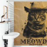 A bathroom with a white sink and a Funny Cowboy Cool Meowdy Partner Cat Shower Curtain-Cottoncat featuring a funny cowboy cat wearing a hat and scarf. The text on the curtain reads: "Meowdy Partner.