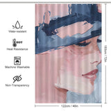 Mid Century Women Face Abstract Aesthetic Oil Painting Modern Art Blush Pink Navy Blue Cream Shower Curtain-Cottoncat featuring an abstract face design in blush pink, navy blue, and cream. Highlights include water resistance, heat resistance, machine washability, and non-transparency. Dimensions are 183 cm/72 in by 122 cm/48 in—a modern art piece that elevates any mid-century aesthetic.