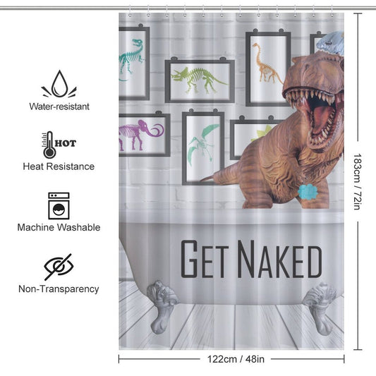 A Funny Dinosaur Get Naked Shower Curtain-Cottoncat adorned with the phrase "Get Naked" and multiple dinosaur drawings, perfect for enhancing your dinosaur bathroom decor. It's water-resistant, heat-resistant, machine washable, and non-transparent. Dimensions: 122 cm x 183 cm.