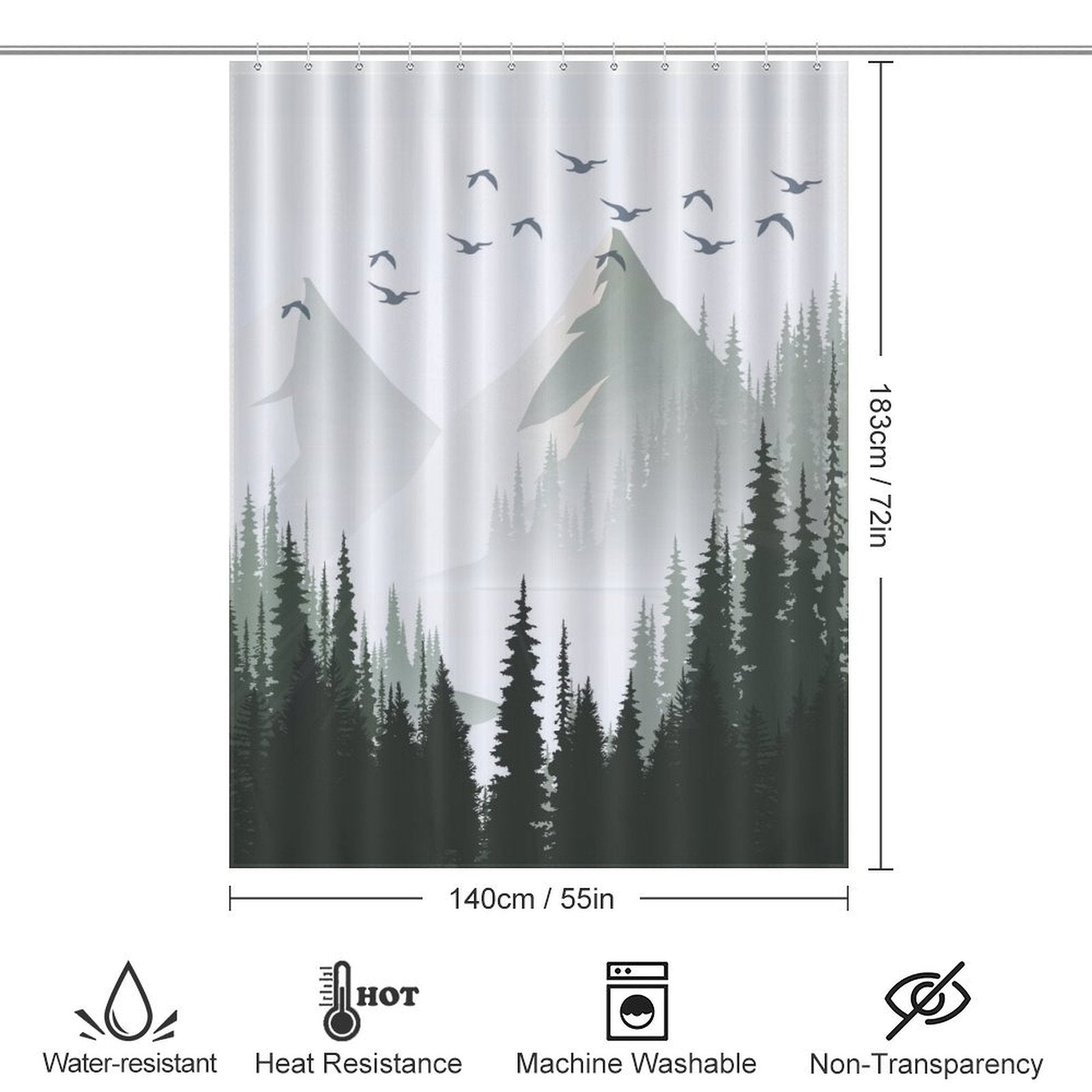 Green Misty Forest Shower Curtain Ombre Sage Green White Nature Tree Mountain Woodland-Cottoncat with ombre sage green and white design, measuring 183 cm in height and 140 cm in width. Features waterproof and mildew-resistant material, heat resistance, and machine washability. Not transparent by Cotton Cat.
