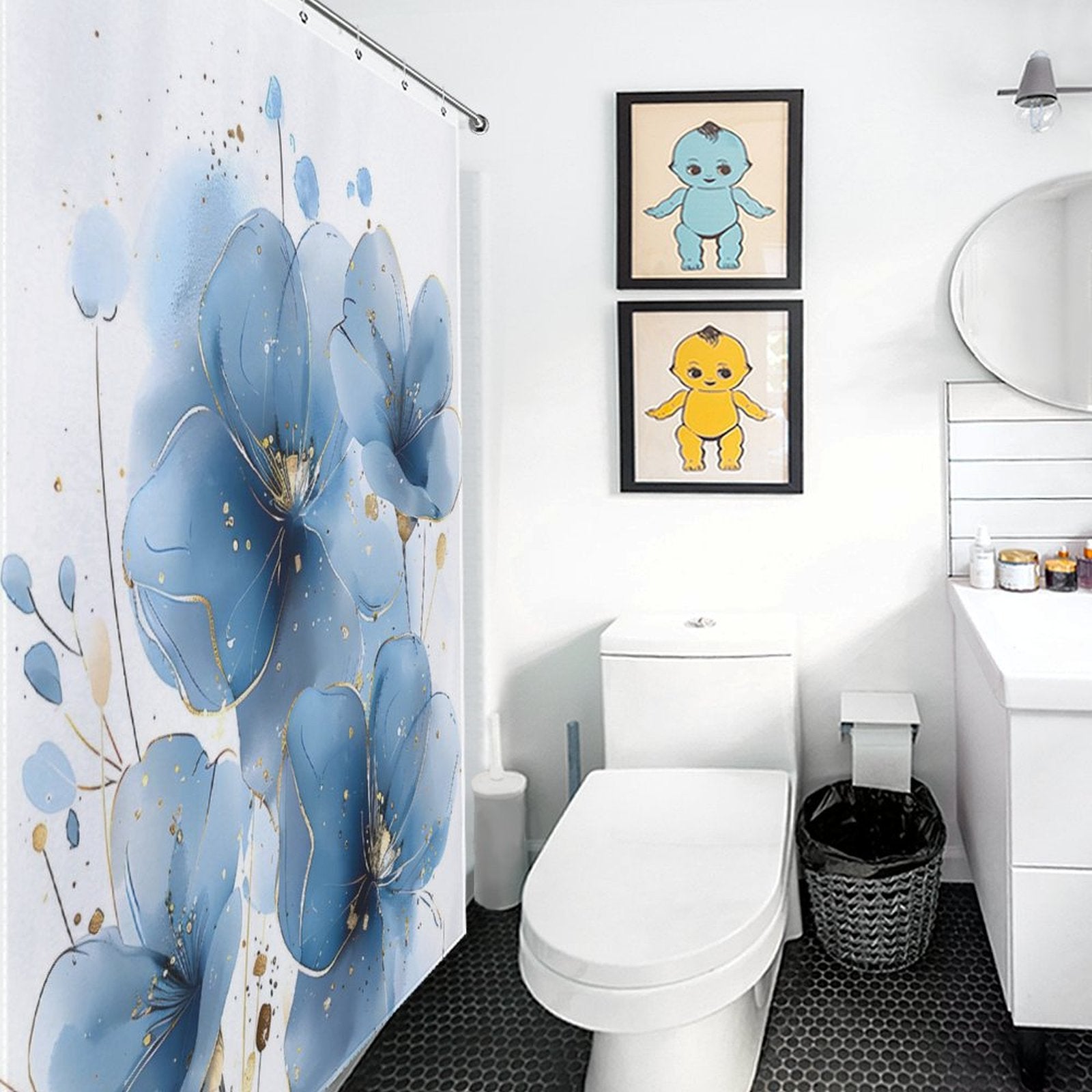 Bathroom with a white toilet, black wastebasket, and a minimalist sink with a mirror. Abstract Modern Art Blue Flower Minimalist Watercolor Blue Floral Shower Curtain-Cottoncat by Cotton Cat and two framed pictures of blue and yellow cartoon figures on the wall, featuring abstract modern art.