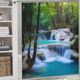 A Scenery Waterfall 3D Shower Curtain-Cottoncat from Cotton Cat with a 3D design of a waterfall in the forest.