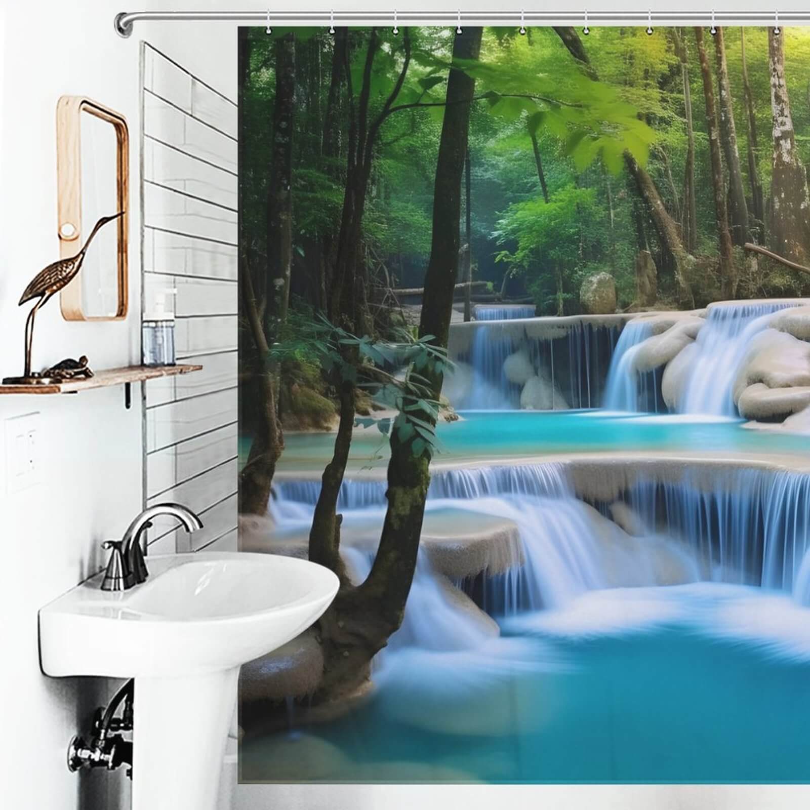 A Scenery Waterfall 3D shower curtain made of polyester, featuring a waterfall design, hangs in a bathroom with a sink by Cotton Cat.