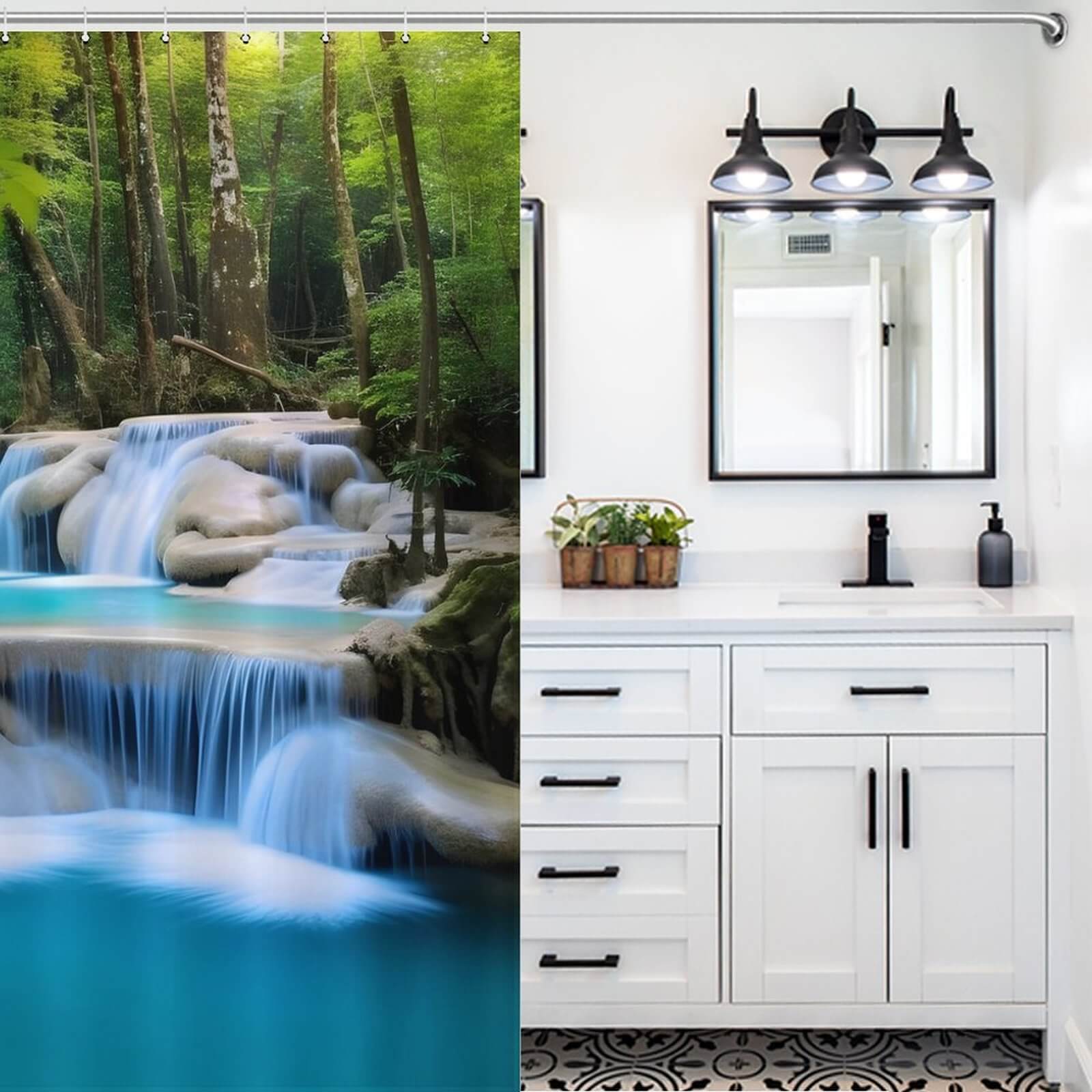 A Scenery Waterfall 3D shower curtain by Cotton Cat with a waterproof waterfall design.