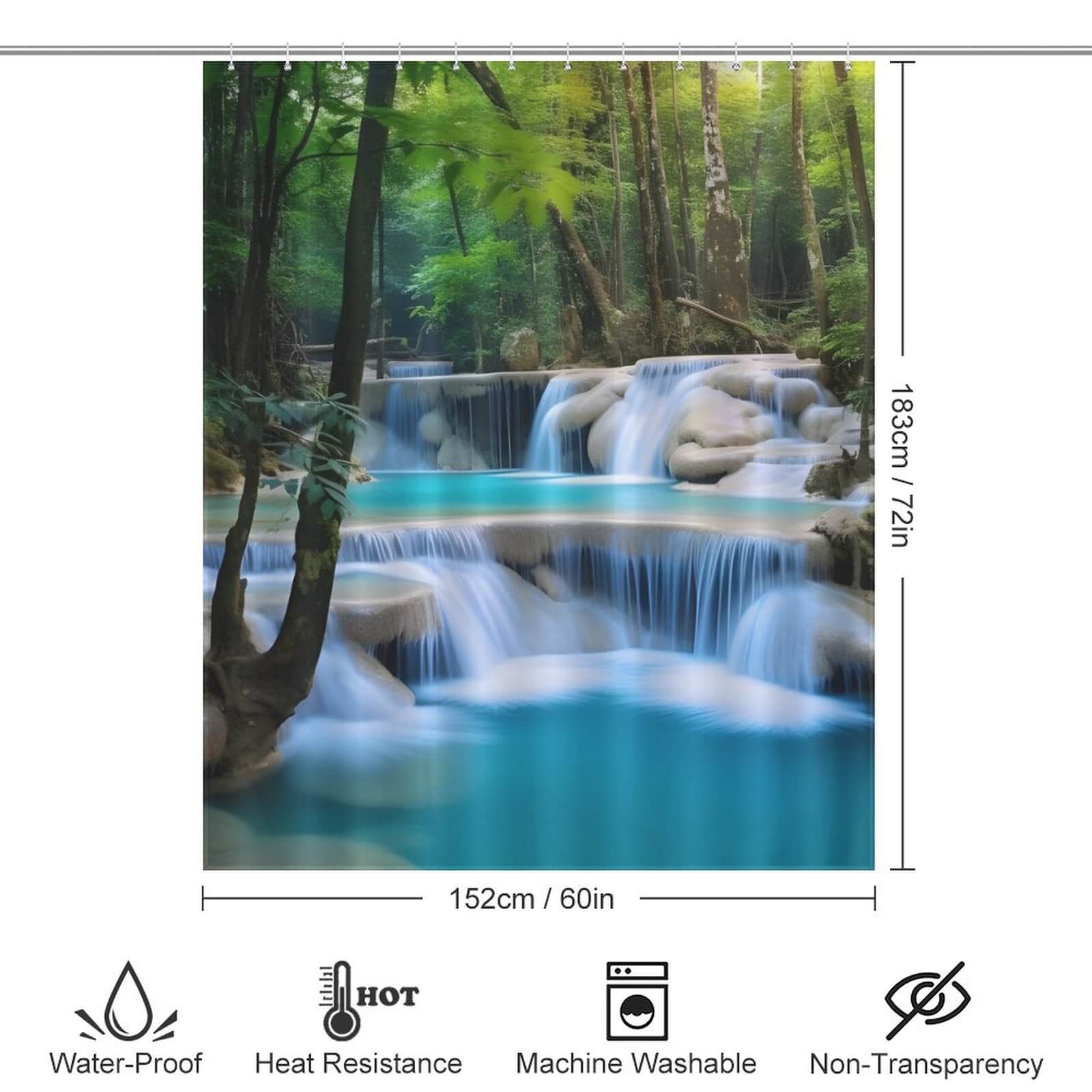 This Scenery Waterfall 3D shower curtain from Cotton Cat showcases a captivating waterfall scene in the forest. Made of durable polyester, this waterproof curtain is perfect for transforming your bathroom into a serene oasis.