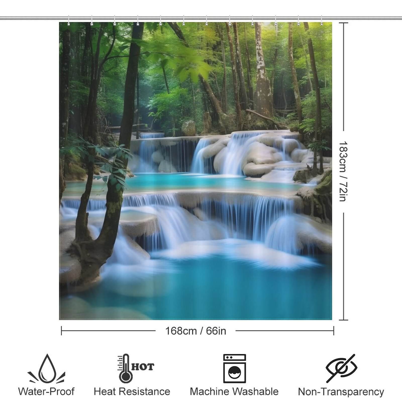 A waterproof Scenery Waterfall 3D Shower Curtain-Cottoncat featuring a mesmerizing 3D waterfall in the forest by Cotton Cat.