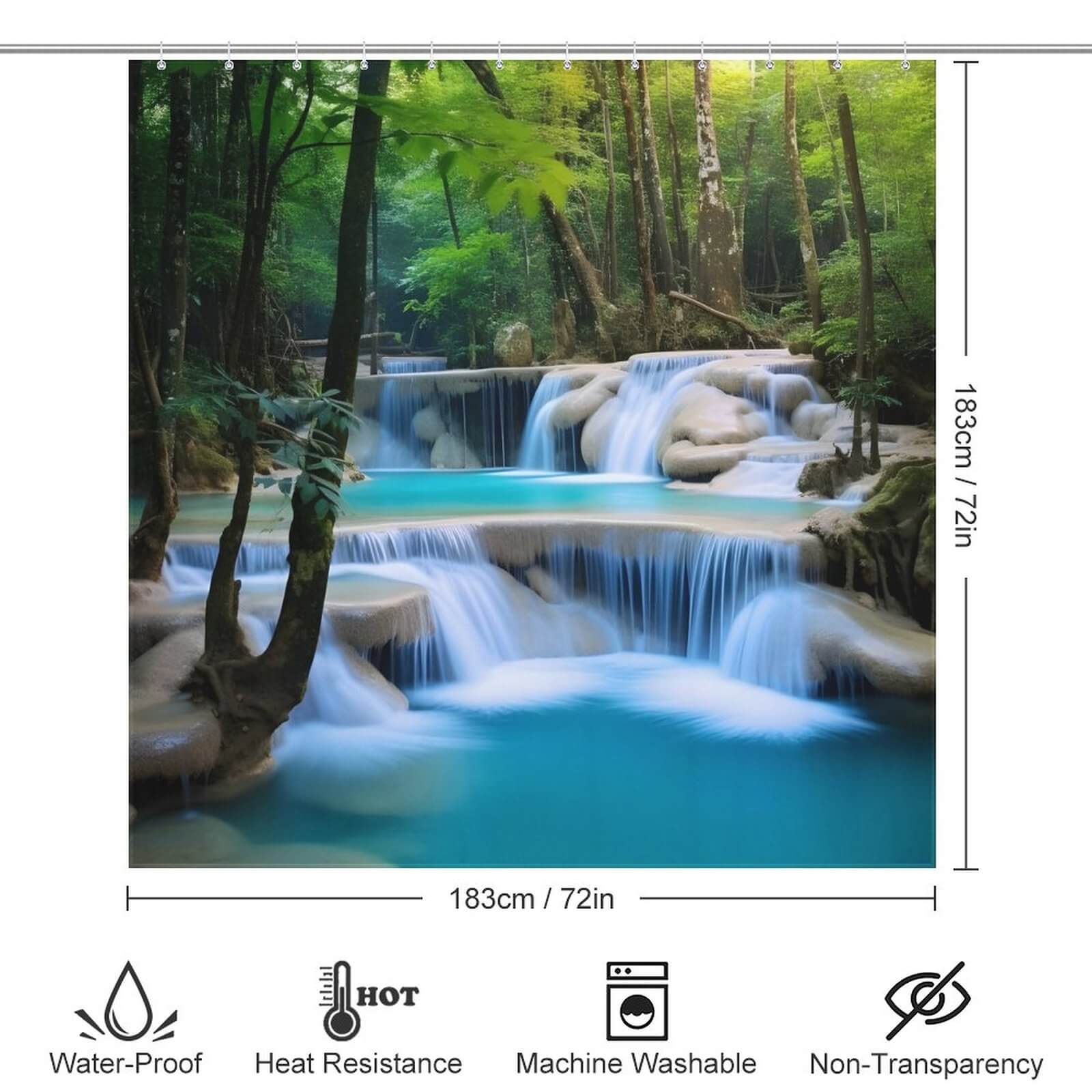 A Scenery Waterfall 3D Shower Curtain-Cottoncat featuring a polyester print of a stunning waterfall in the forest.