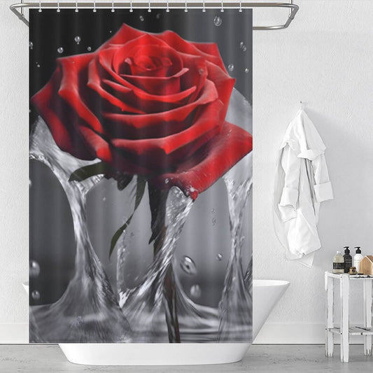 A waterproof Red Rose 3D Shower Curtain-Cottoncat featuring a red rose in the water.