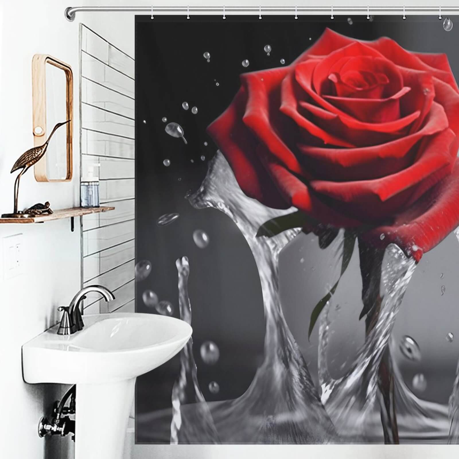 A Red Rose 3D Shower Curtain from Cotton Cat with water splashing on it.