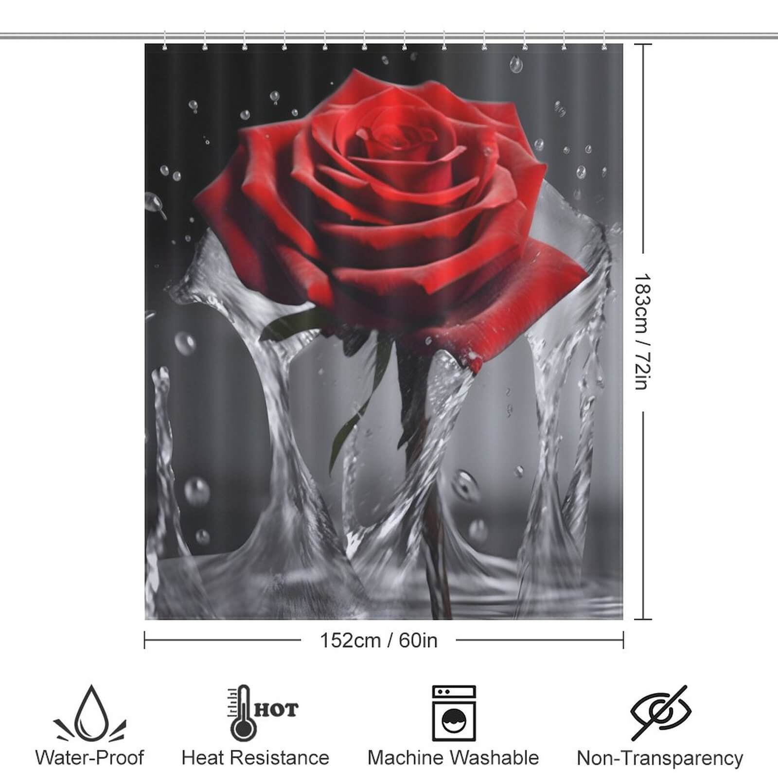 This Cotton Cat waterproof Red Rose 3D Shower Curtain features a captivating red rose immersed in water.