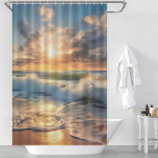 A waterproof Beach Sunrise 3D Shower Curtain-Cottoncat featuring a 3D beach sunrise.