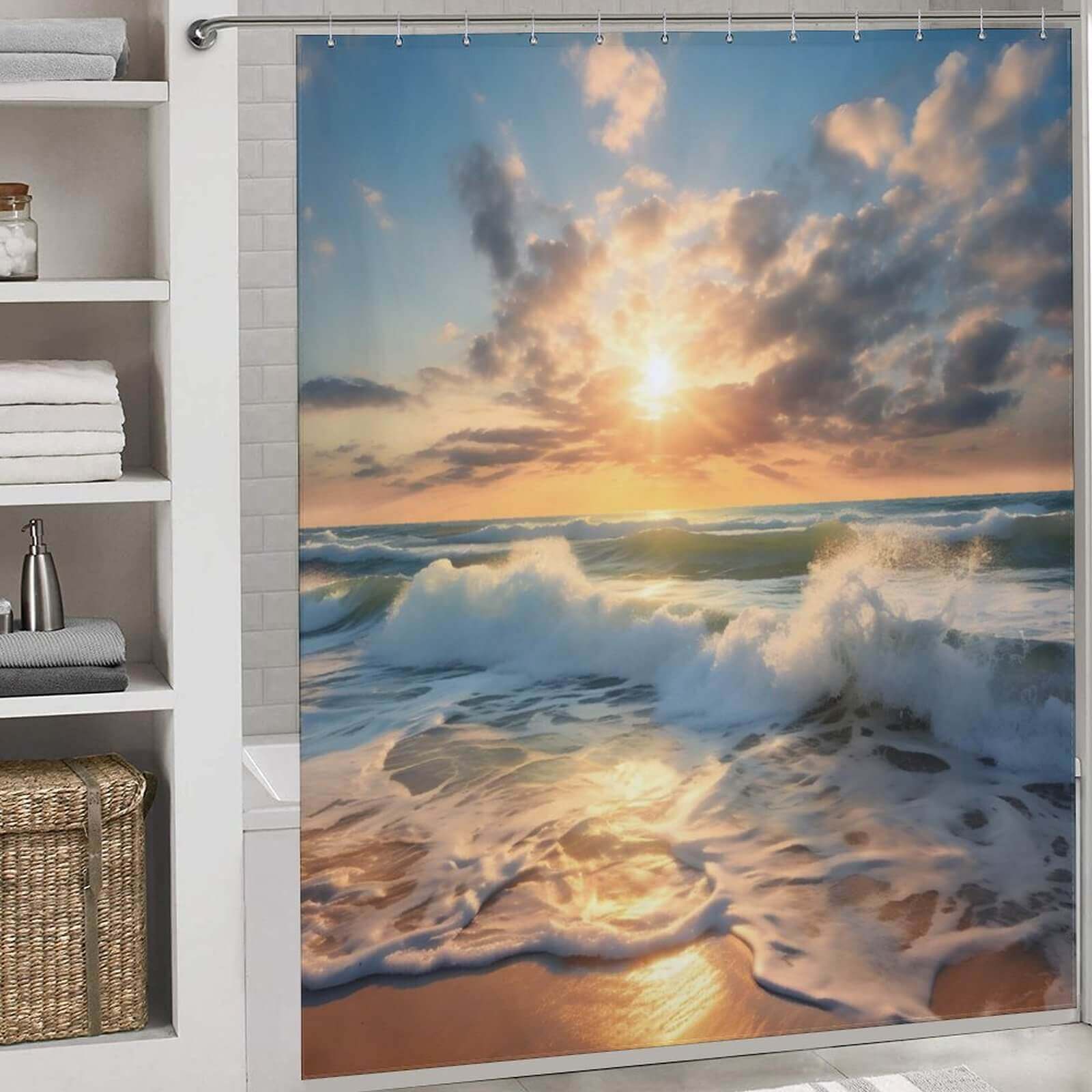 A Beach Sunrise 3D Shower Curtain from Cotton Cat with a 3D sunset on the beach.